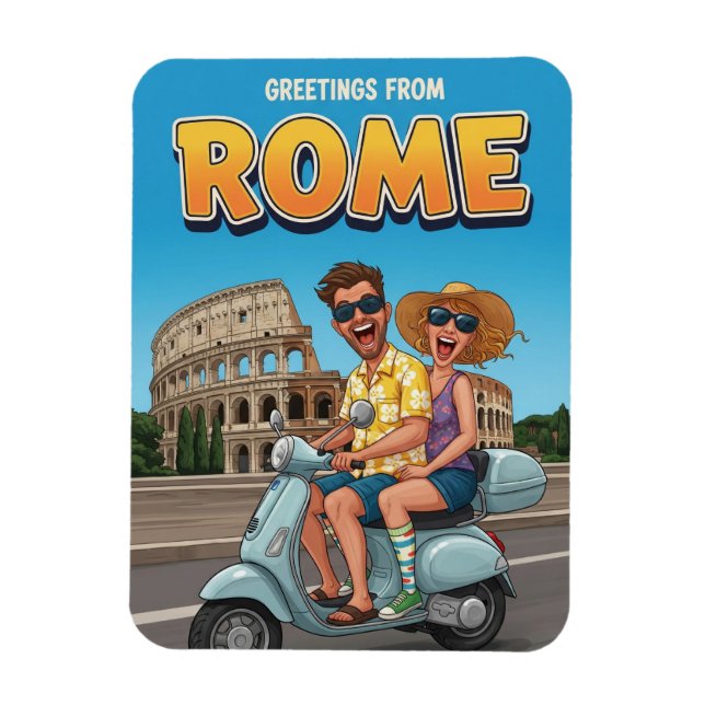 Imán Funny Tourists on Vespa in Rome Italy Postcard (Vertical)