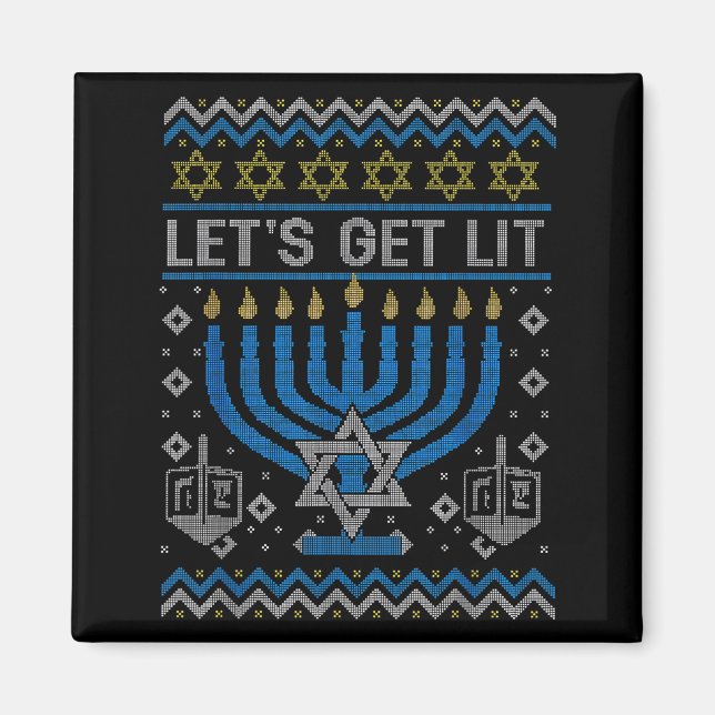 Imán Funny Ugly Hanukkah Sweater Lets Get Lit Menorah J (Frente)