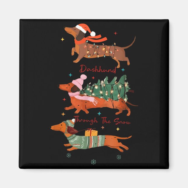 Imán Funny Weiner Dog Dachshund Through The Snow Merry  (Frente)