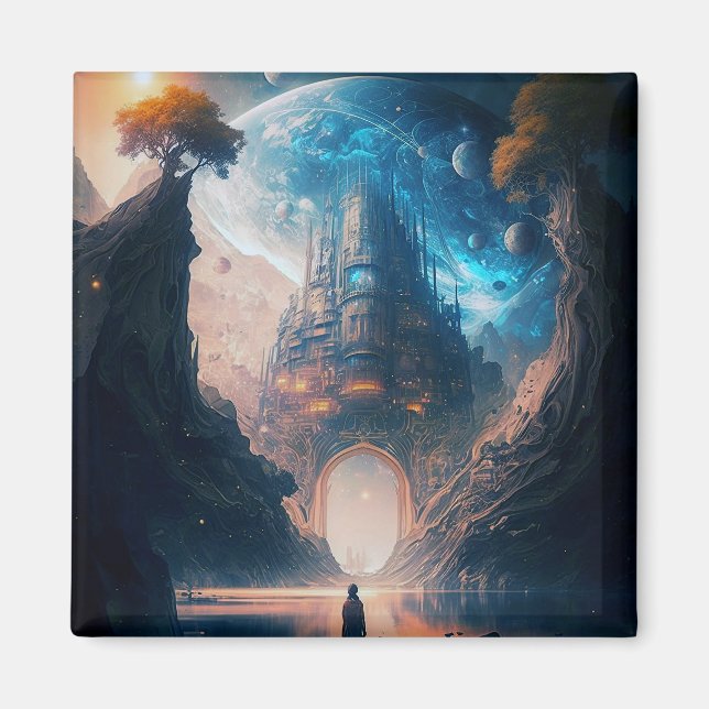 Imán Futurista Fantasy Castle Landscape Magnet (Frente)