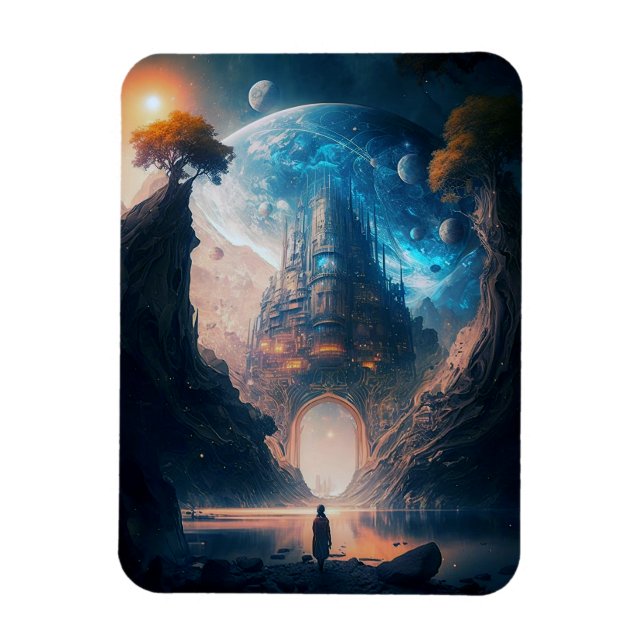Imán Futurista Fantasy Castle Landscape Magnet (Vertical)