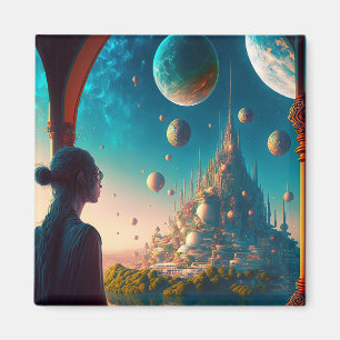 Imán Futurista Fantasy Castle Landscape Magnet