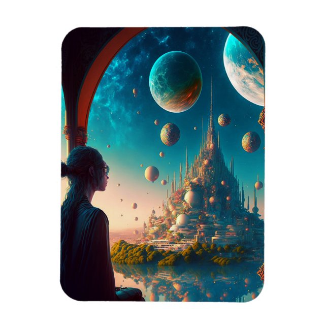 Imán Futurista Fantasy Castle Landscape Magnet (Vertical)