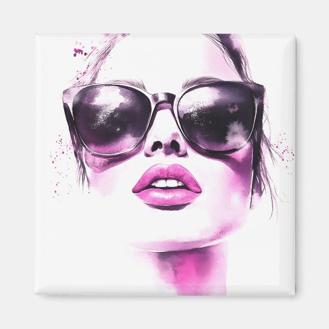 Imán Gafas de sol de mujer de moda acuarela rosa chic (Frente)