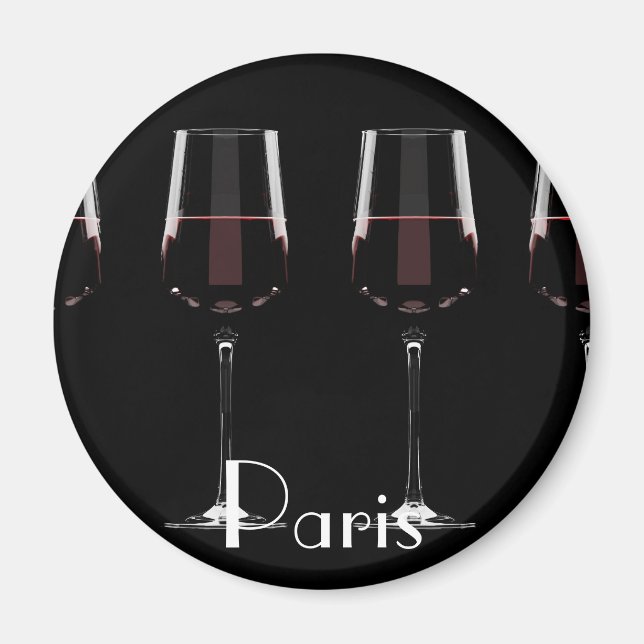 Imán Gafas de vino con vino tinto en negro (Frente)