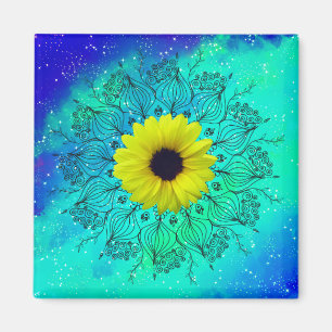 Imán Galaxia azul turquesa mandala y girasol