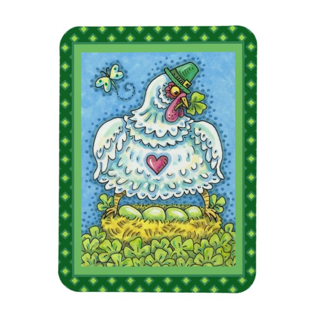IMÁN GALLINA IRLANDESA DIVERTIDA, HUEVOS VERDES Y TREBO (Vertical)