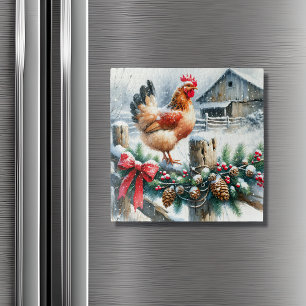 Imán Gallo de acuarela en un poste de cerca de Navidad