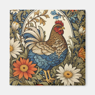 Imán Gallo de Granja Antiguo y Flores de Margarita