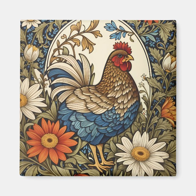 Imán Gallo de Granja Antiguo y Flores de Margarita (Frente)
