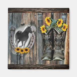 Imán Galopando Cowboy Boots Horseshoe Sunflowers