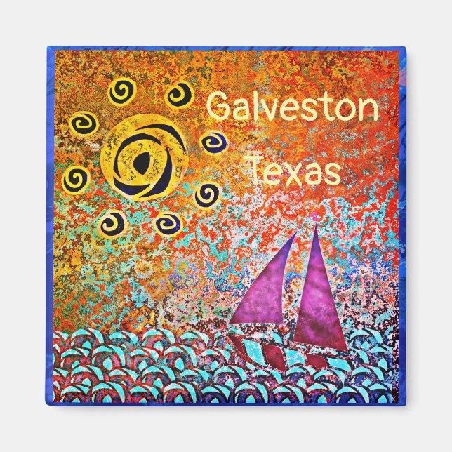 Imán Galveston Texas Ocean Sailboat y Sun Magnet (Frente)