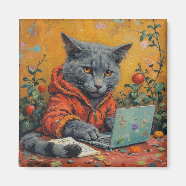 Imán Gamer Cat at the Computer – Funny Tech Meme Square (Frente)