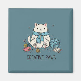 Imán Garras Creativas Tejiendo Gato Blanco con Bufanda 