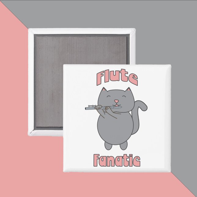 Imán Gata gris rosa fanática de la flauta (A magnet with a gray flute playing cat that says flute fanatic)