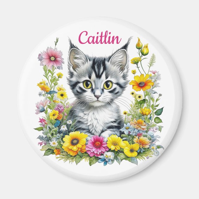 Imán Gatito acuarela en flores amarillas personalizadas (Frente)