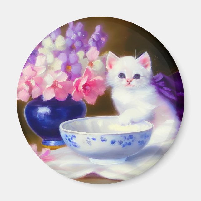 Imán Gatito blanco vintage con cinta morada (Frente)