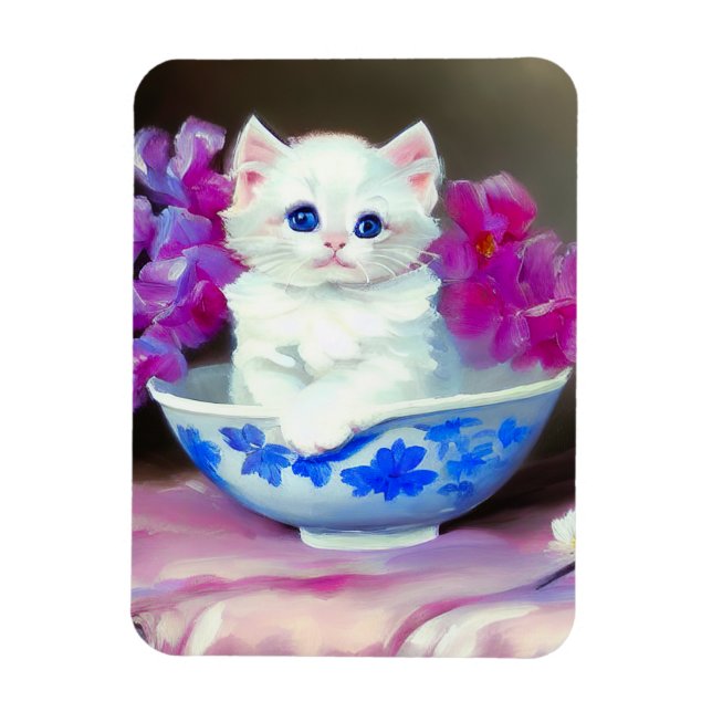 Imán Gatito blanco vintage con flores rosas (Vertical)