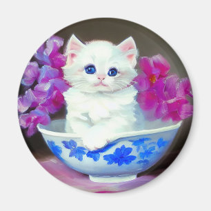 Imán Gatito blanco vintage con flores rosas