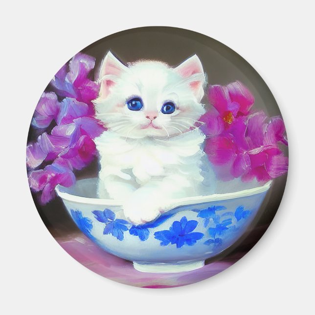 Imán Gatito blanco vintage con flores rosas (Frente)