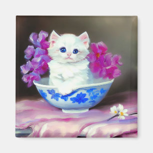 Imán Gatito blanco vintage con flores rosas