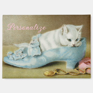 Imán Gatito blanco vintage lindo en un zapato de satén 