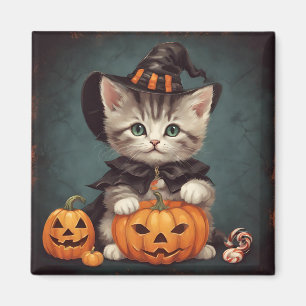 Imán Gatito con disfraz de Halloween y linterna de Jack