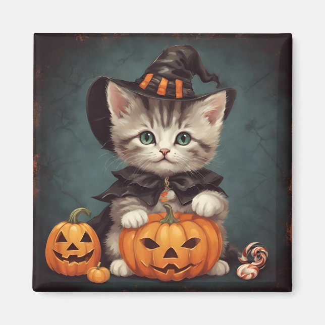 Imán Gatito con disfraz de Halloween y linterna de Jack (Frente)