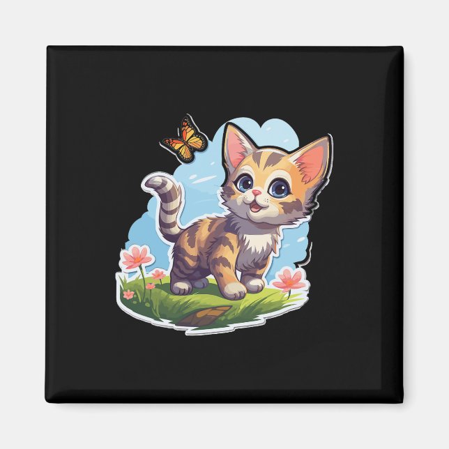 Imán Gatito Con Ojos Azules Y Mariposa Verano Perfecto (Frente)