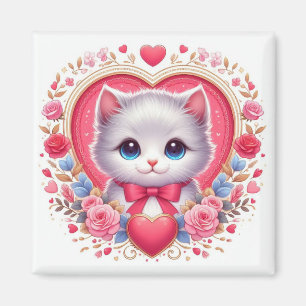 Imán Gatito con tinte de flor con corazón romántico flo