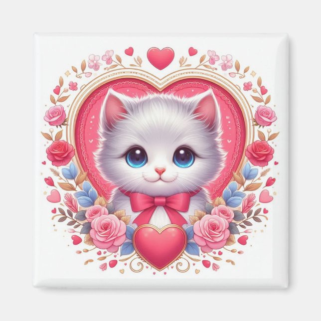 Imán Gatito con tinte de flor con corazón romántico flo (Frente)