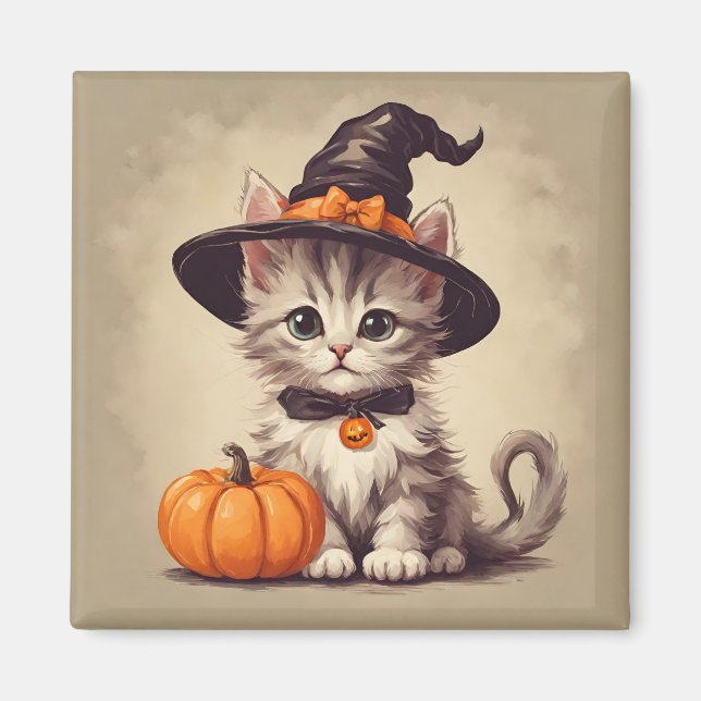 Imán Gatito de cosecha en traje de bruja de Halloween (Frente)