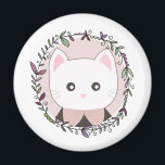 Imán Gatito dulce enmarcado por flores<br><div class="desc">El ilustracion de un gatito blanco enmarcado por una corona floral.</div>