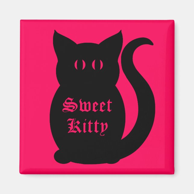 Imán Gatito dulce negro sobre rosa caliente (Frente)