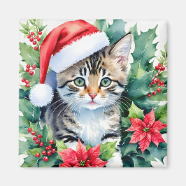 Imán Gatito En Santa Hat Navidades Arte Acuático