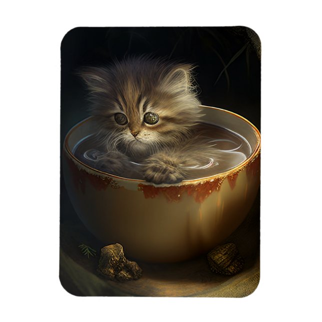 Imán Gatito en una taza de té amarilla Magnet flexible (Vertical)
