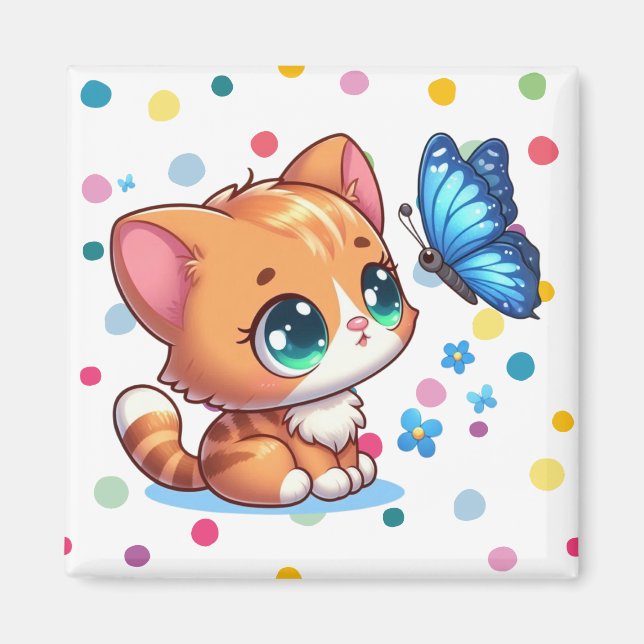 Imán Gatito/gato lindo y mariposa  (Frente)
