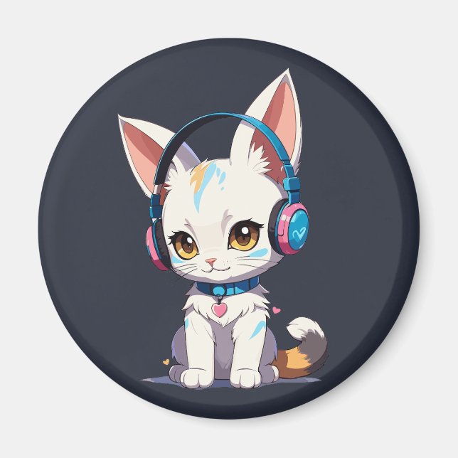 Imán Gatito Kawaii con Auriculares Elegantes (Frente)