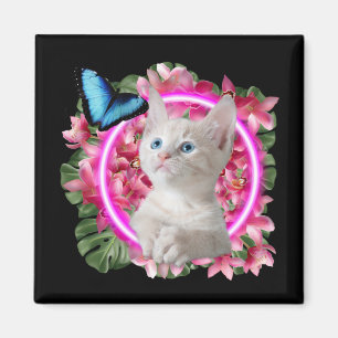 Imán Gatito lindo con mariposa azul en neón tropical