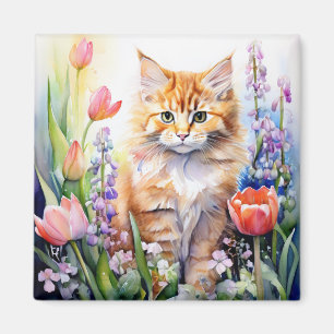 Imán Gatito Naranja Acuarela en Jardín de Flores