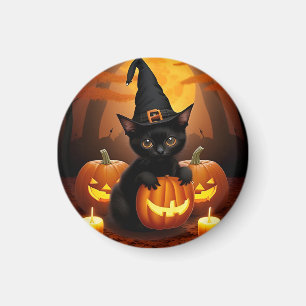 Imán Gatito negro con sombrero de bruja entre calabazas