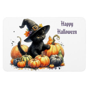 Imán Gatito negro de Halloween con calabazas y Gorra de