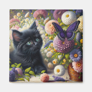Imán Gatito negro lindo y floral de mariposa púrpura