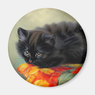 Imán Gatito negro vintage con manta de flores rojas
