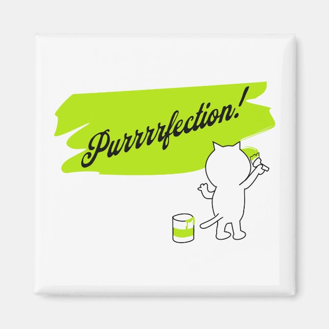 Imán Gatito pintando "¡Purrrfection!" en la pared. (Frente)