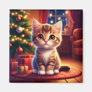 Imán Gatito sentado junto al árbol de Navidad brillante
