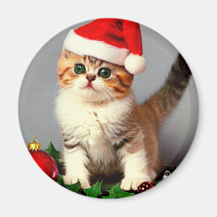 Imán Gatito vintage de Navidad en Santa Hat