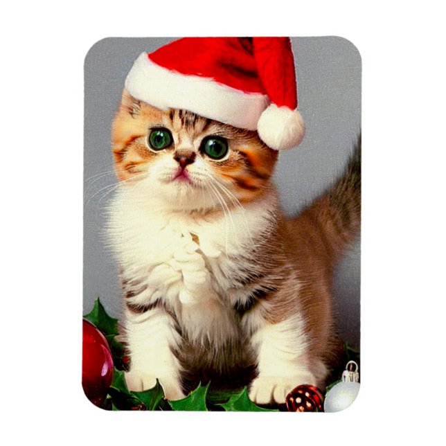 Imán Gatito vintage de Navidad en Santa Hat (Vertical)