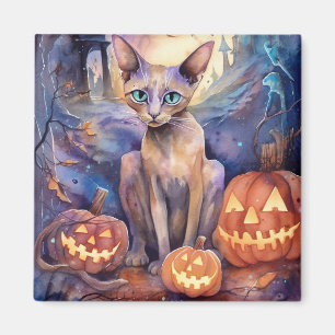 Imán Gato abisano de Halloween con calabazas aterradora