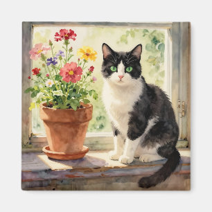 Imán Gato acuarela y flores en alféizar